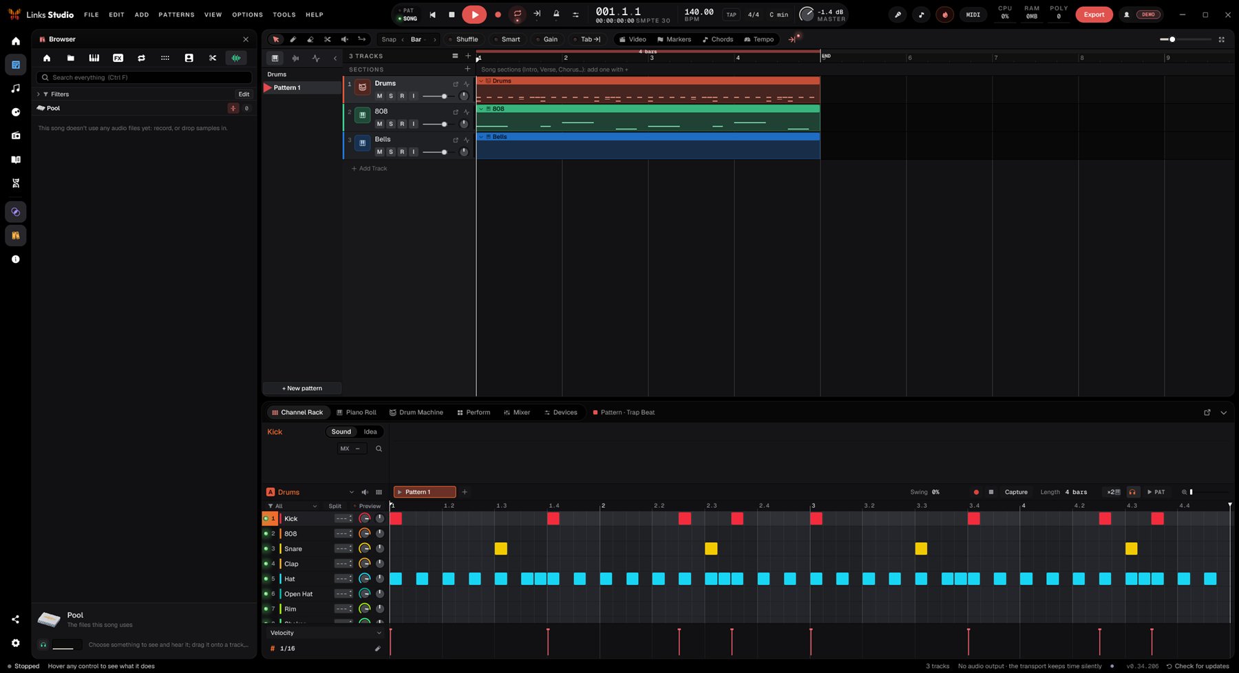 Links Studio: the song arranged in tracks above the drum pattern being programmed